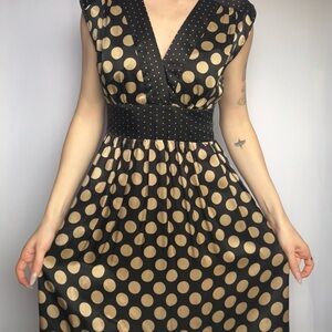 100% Silk Black and Gold Polka Dot Dress